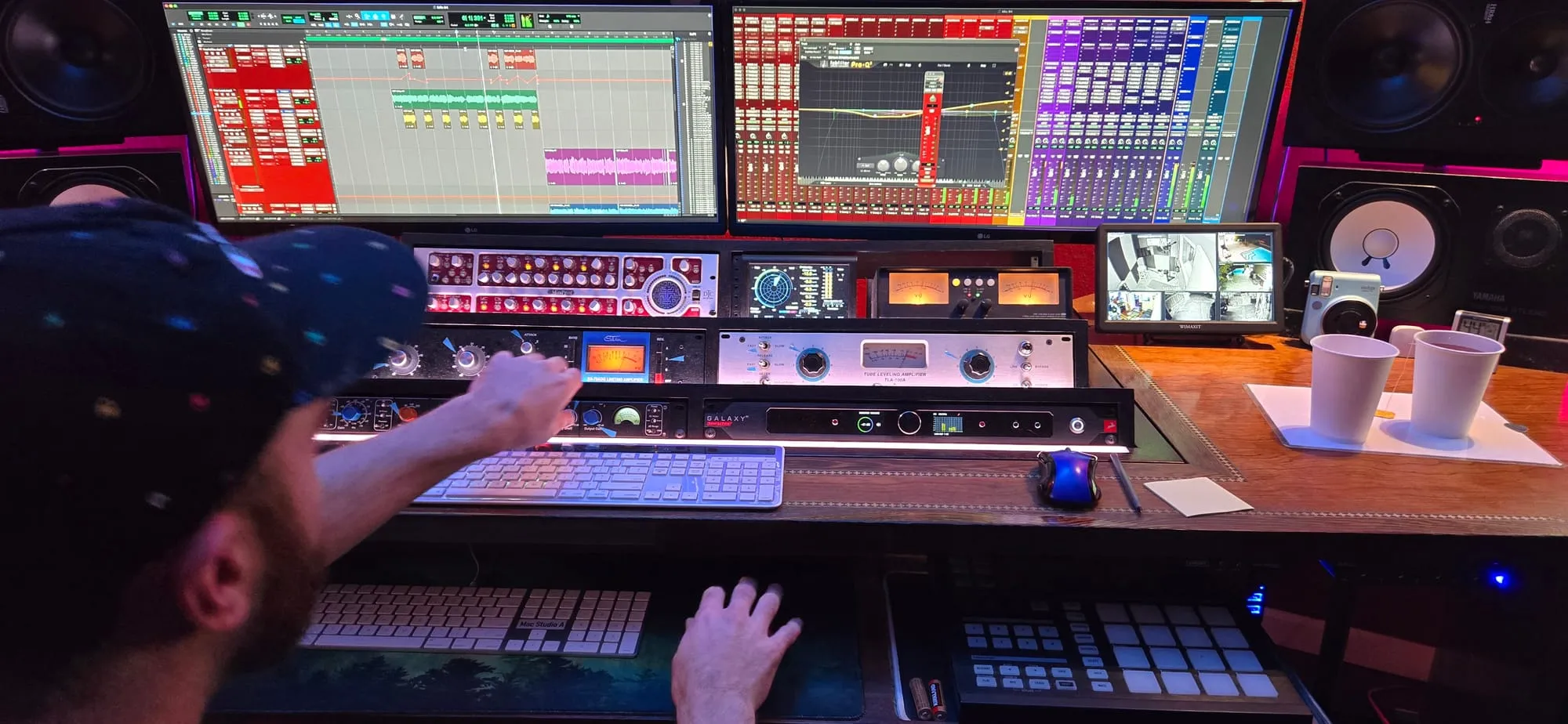 Hands working the outboard rack mid-session, screens lit above.