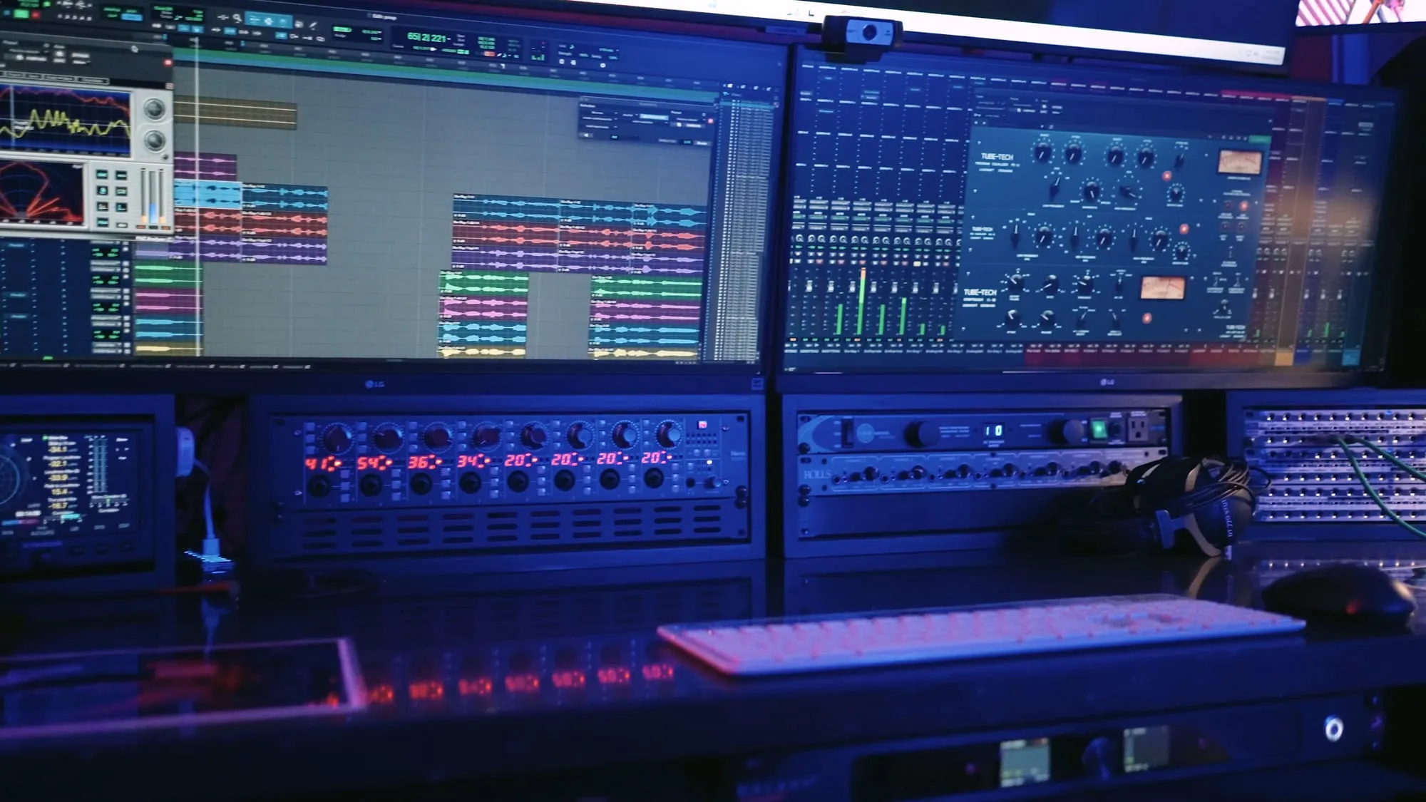Session screens over the outboard racks, lit blue. This is where mixes get finished.